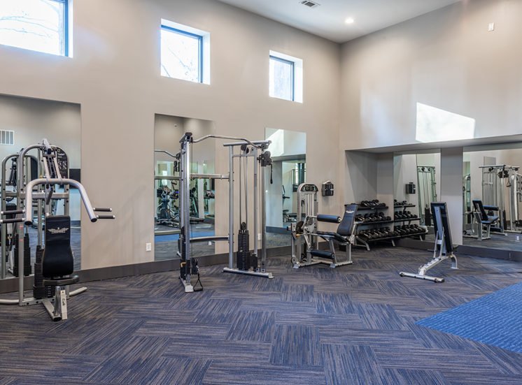 Work out in this spacious facility. Weight machines, carpet, windows, mirrors, and free weights.